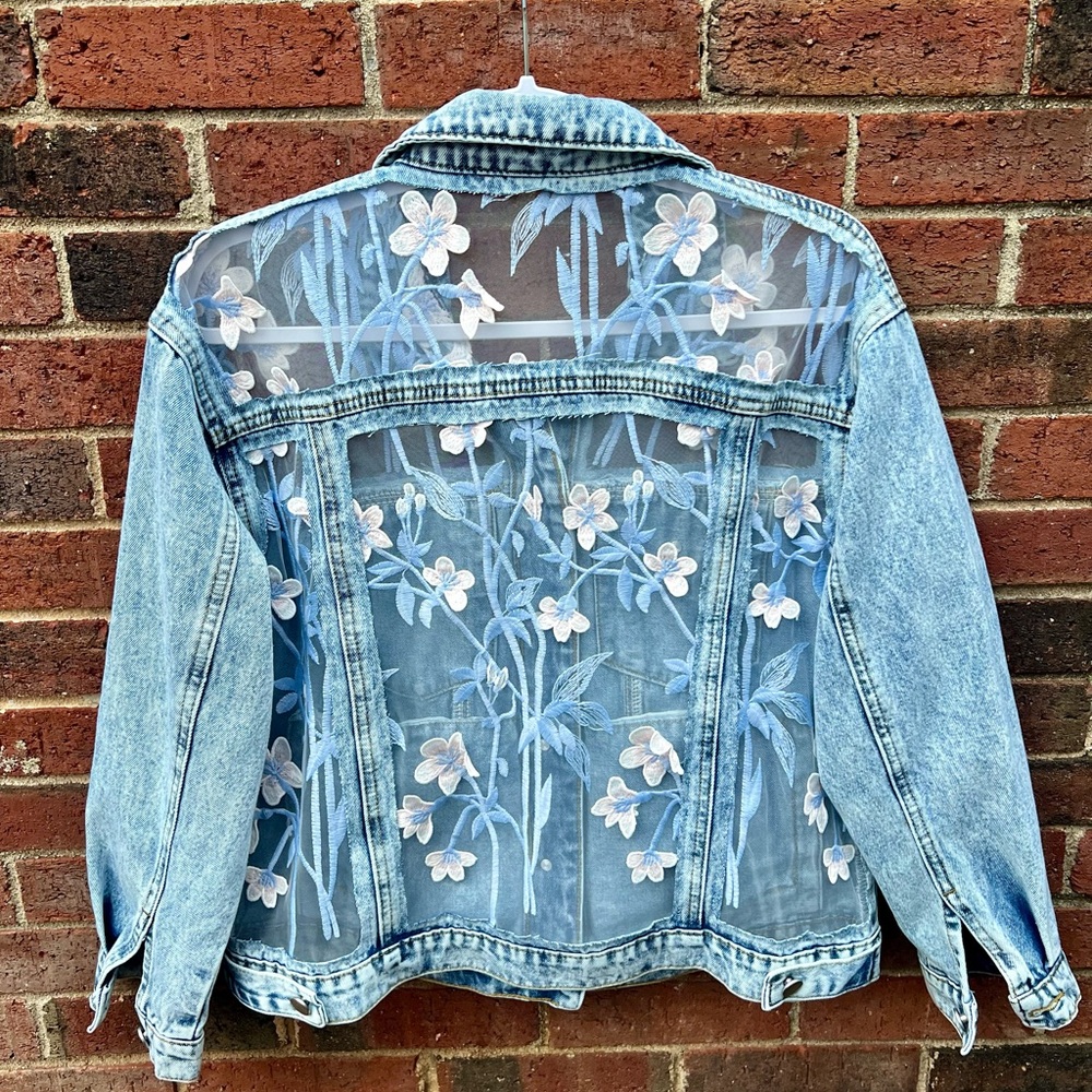 Handcrafted Light Wash Denim Jacket with Blue Floral Embroidery